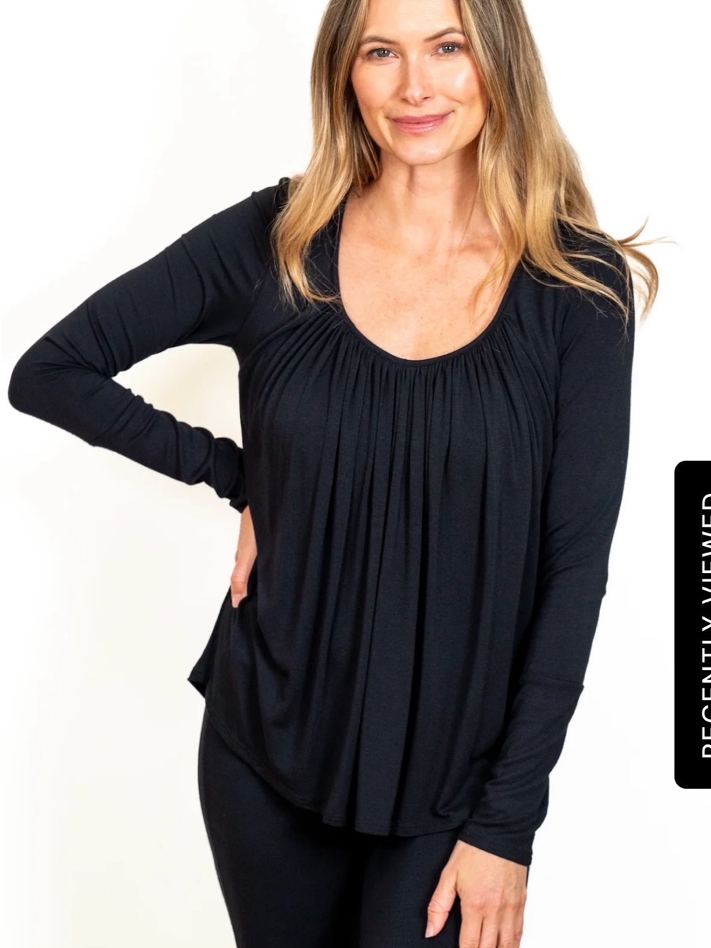 Women's Black Long-Sleeve Pleated Scoop-Neck Top